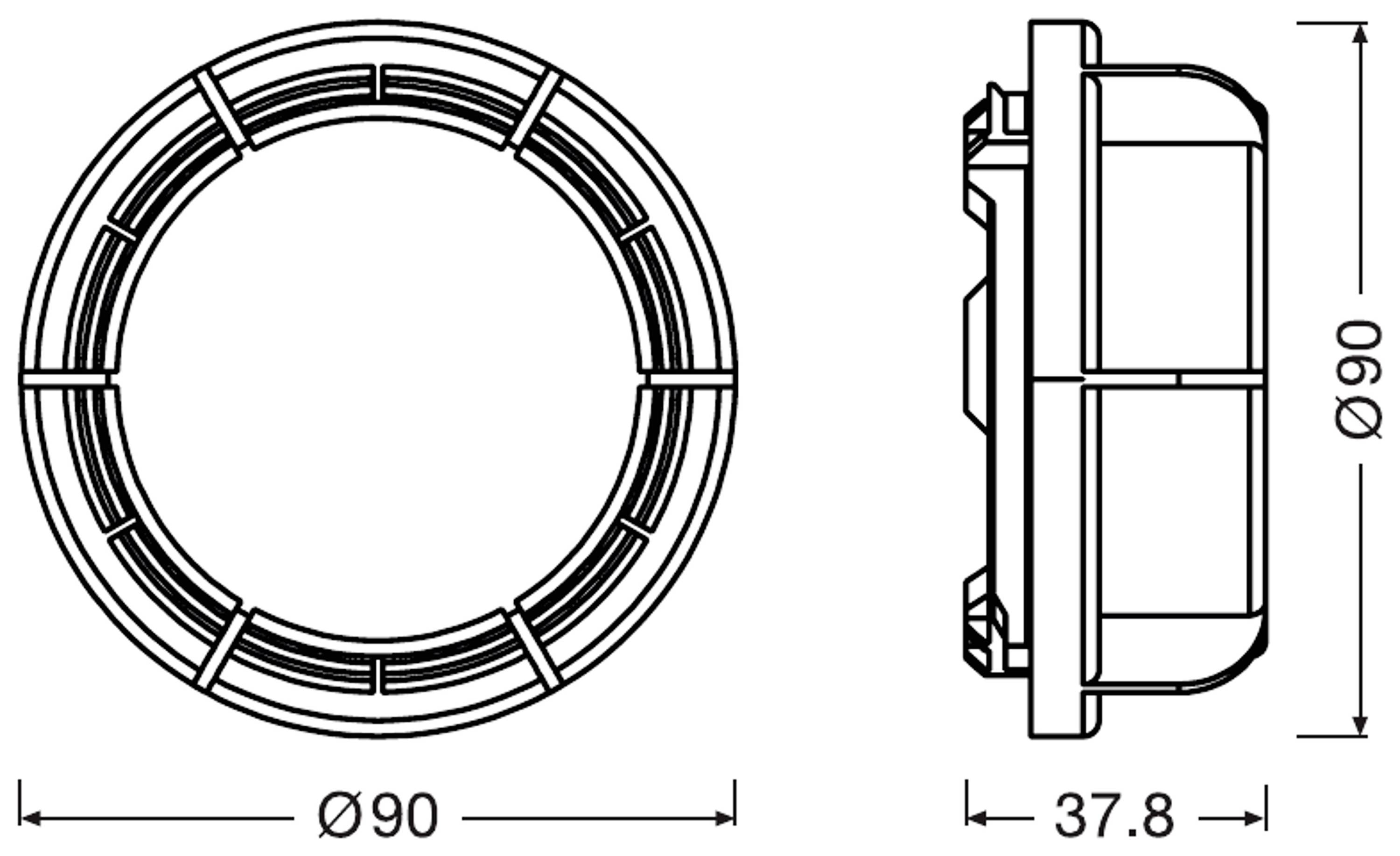Technical drawing of a round valve with a diameter of 90 mm and depth of 37.8 mm. Top and side view.