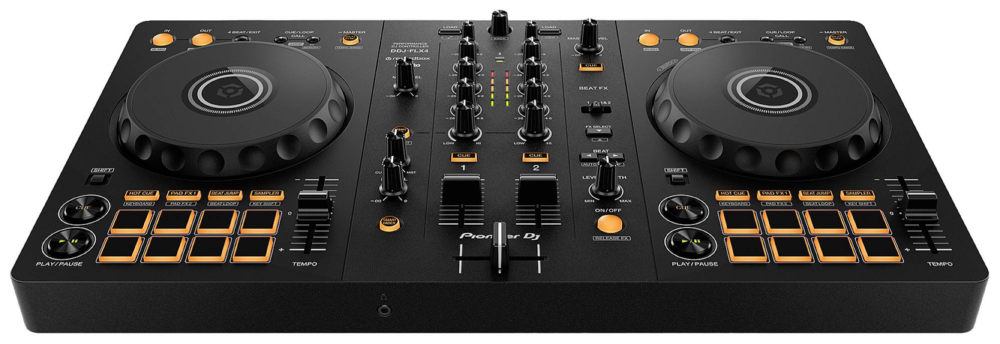 DJ controller with two decks and central mixing desk; control wheels, faders, buttons and rotary knobs; for music mixing and DJing.
