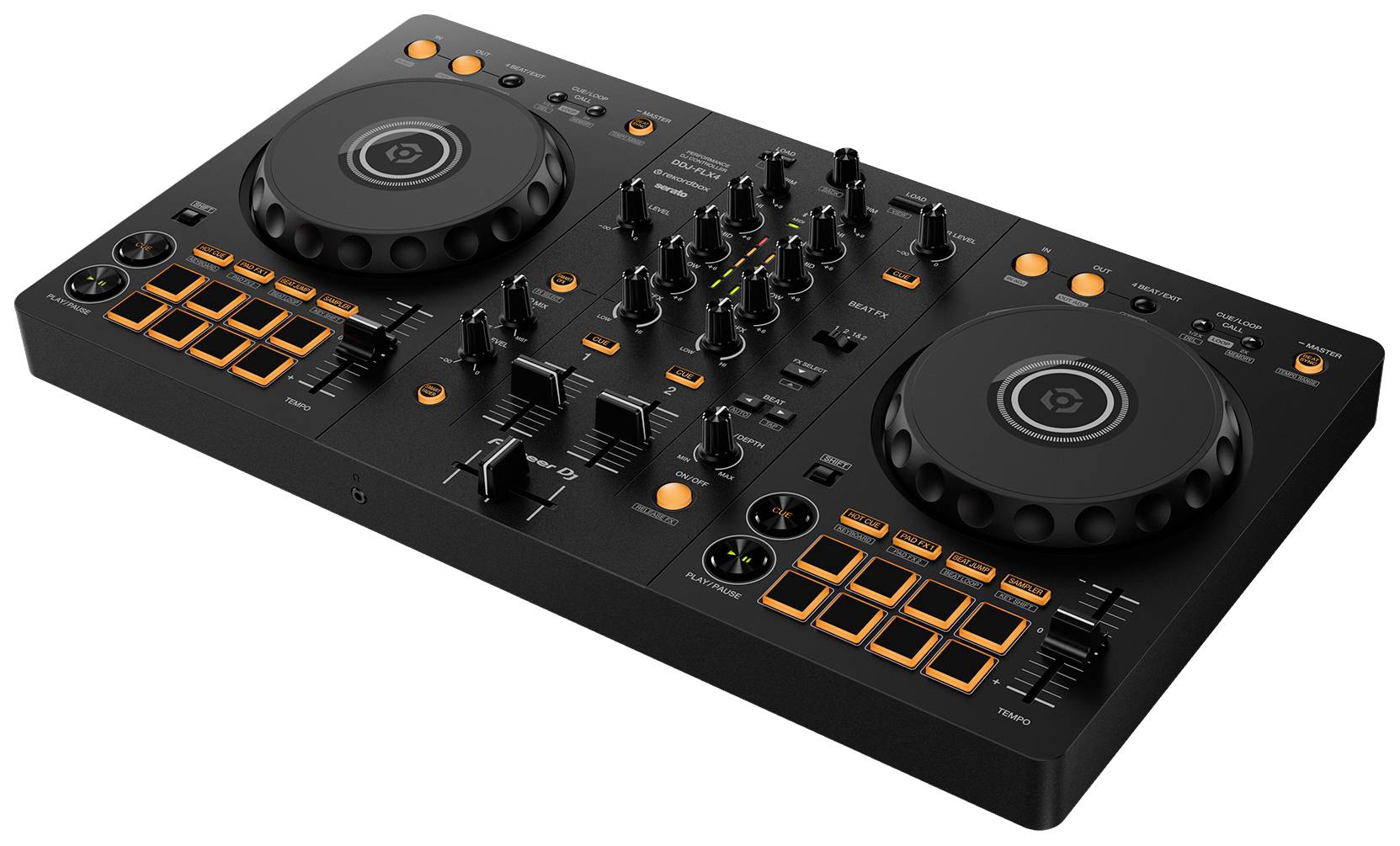 A DJ controller with two turntables, multiple faders and buttons in black and orange for mixing music.