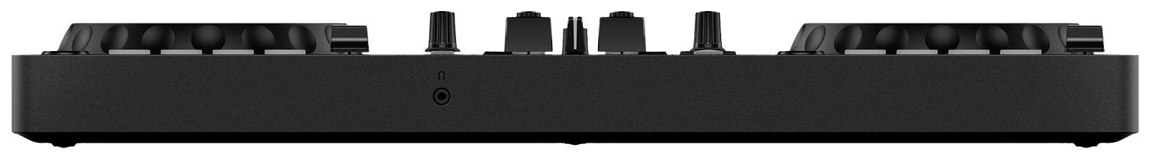 Black DJ controller deck with two turntables and multiple rotary controls. Side view shows compact design.