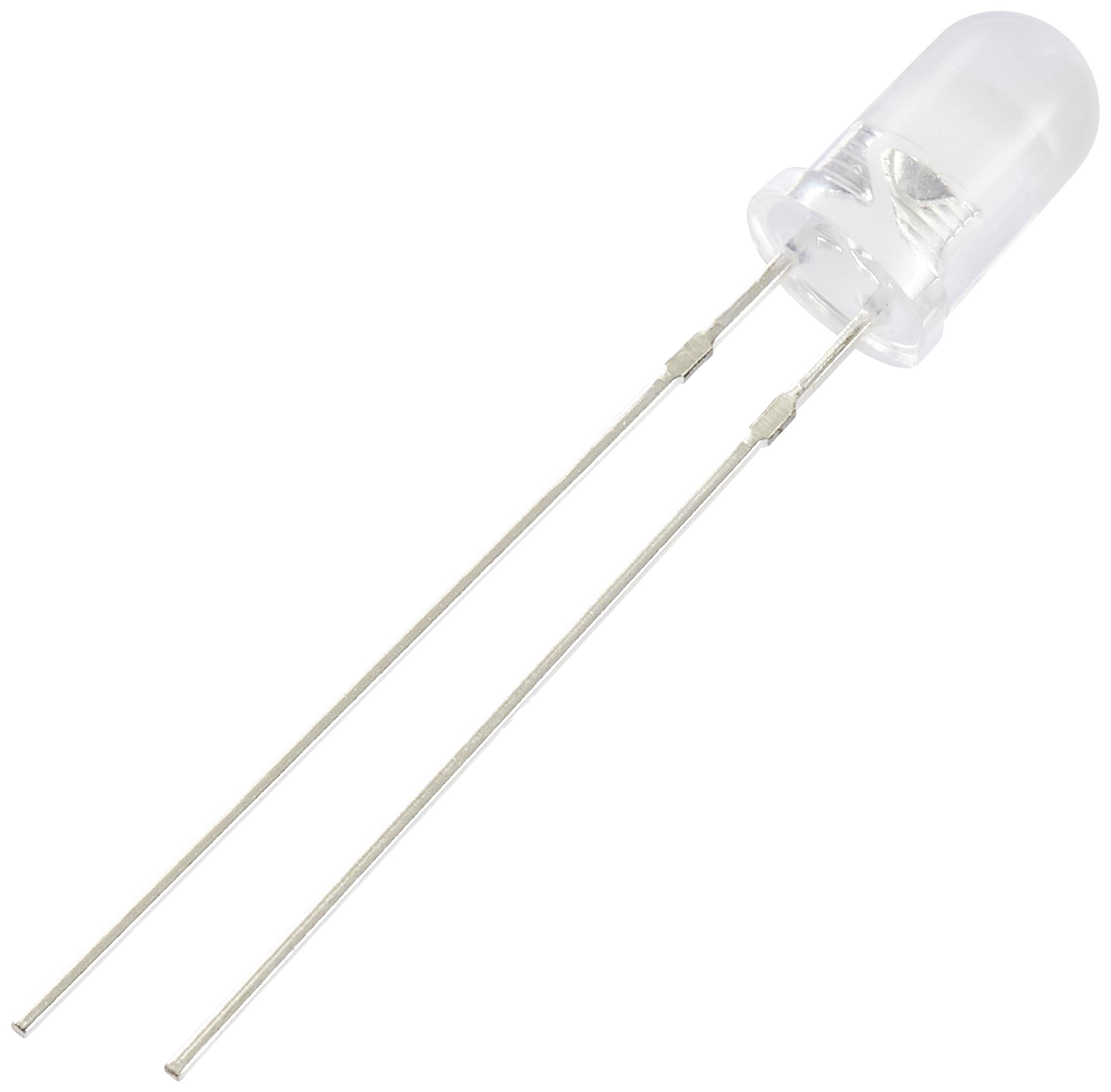 A transparent light-emitting diode (LED) with two metal pins, commonly used in electronic circuits for lighting or signalling purposes.