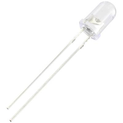 A transparent LED with two connecting wires, used for electronic circuits.