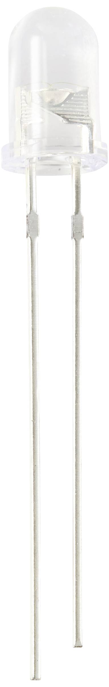 LED with a clear casing and two connecting wires, one longer than the other.