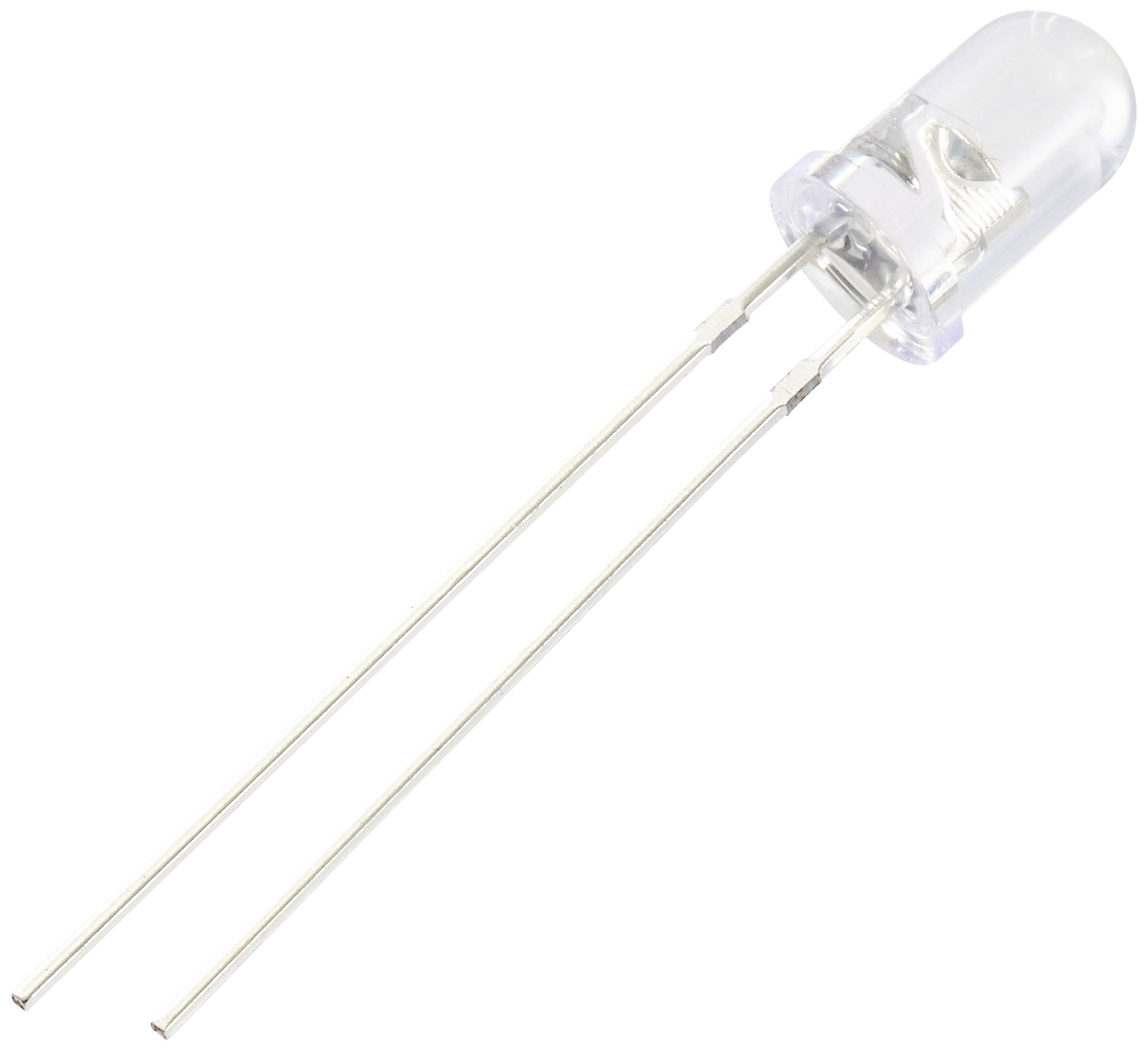 A transparent LED with two long, silver connecting wires, shown against a white background.