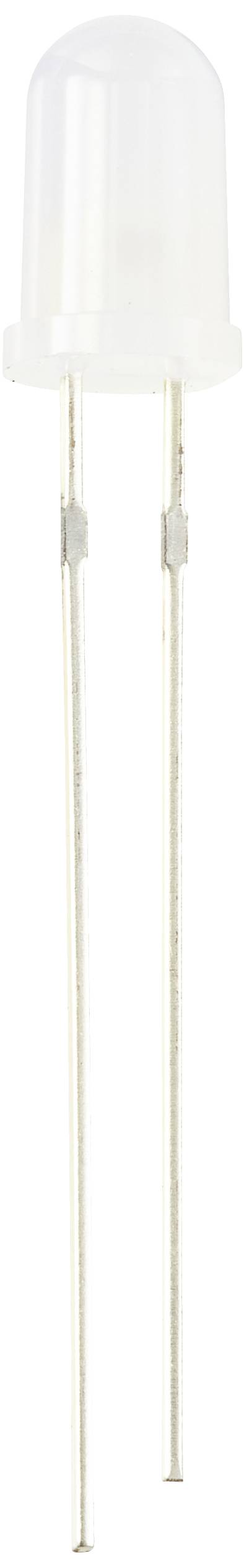 A white LED with two long leads sits on a light background.