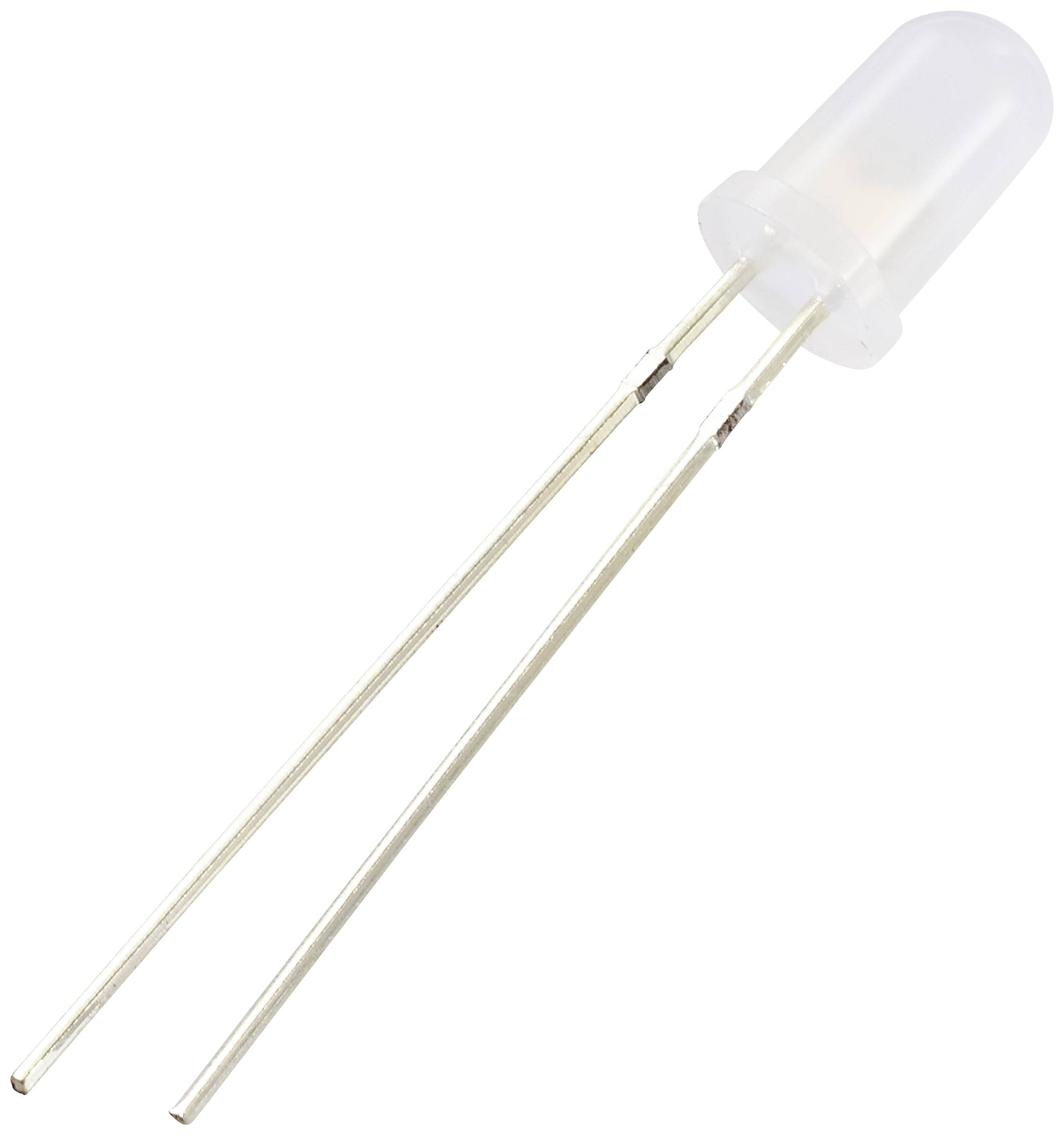 A single white LED with two connecting wires, isolated on a white background.