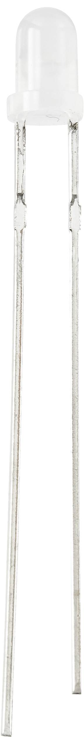 A white LED with two long, thin metal leads.