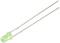 A green LED with two long, thin metal leads against a white background.