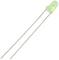 Green light-emitting diode (LED) with two long metal contacts, standing and isolated on a white background.