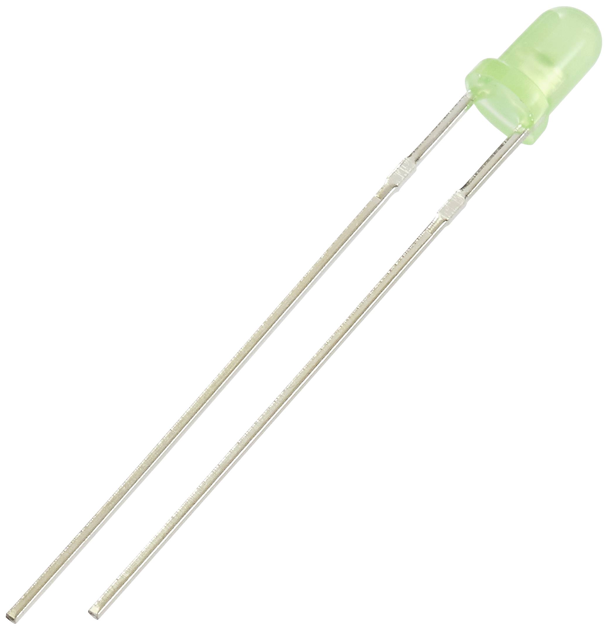 Green LED diode with two long metal pins on a white background.