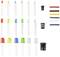 Various LED diodes in different colours (red, yellow, green, blue) and sizes, alongside plastic mounting brackets and wire pieces.