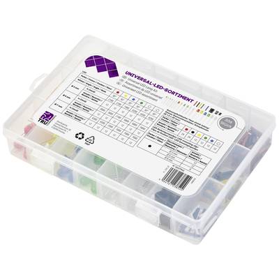 A box containing a universal LED assortment with various LED colours and sizes. A label displays technical specifications.
