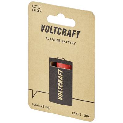 Packaging of a Voltcraft Alkaline Battery, 1 piece, 1.5 V, Type C, with text 'Long Lasting'. Ideal for long-lasting applications.