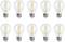 Ten light bulbs in two rows, evenly arranged. Each bulb has visible filaments and is switched on.