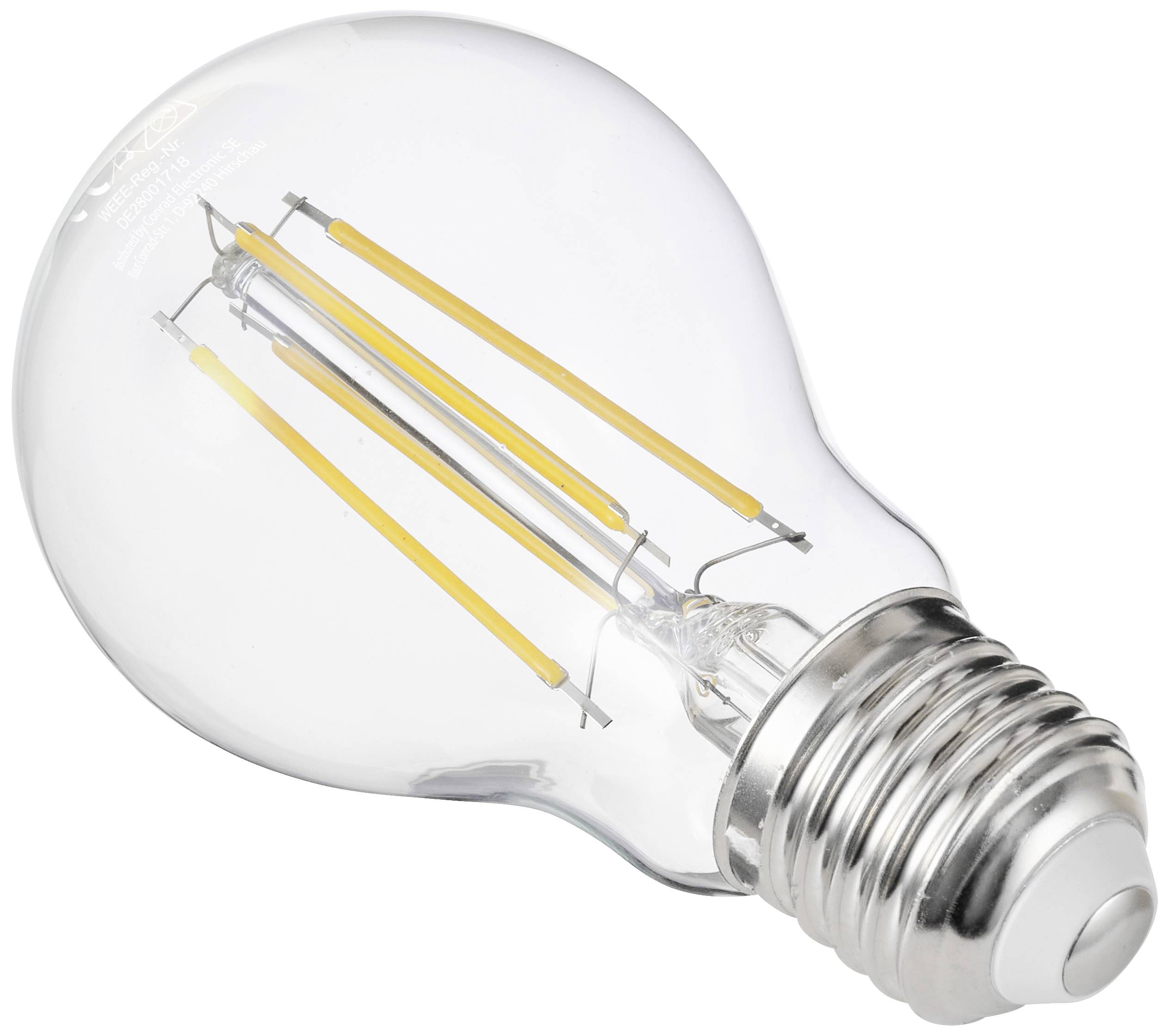 A LED light bulb in standard shape with visible filaments, on a white background.