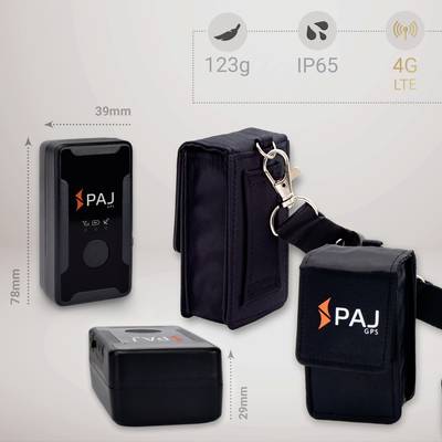 GPS Tracker with 4G LTE, IP65-certified, weighing 123g. Dimensions: 78x39mm. Includes a black protective case with clip. Ideal for outdoor use.