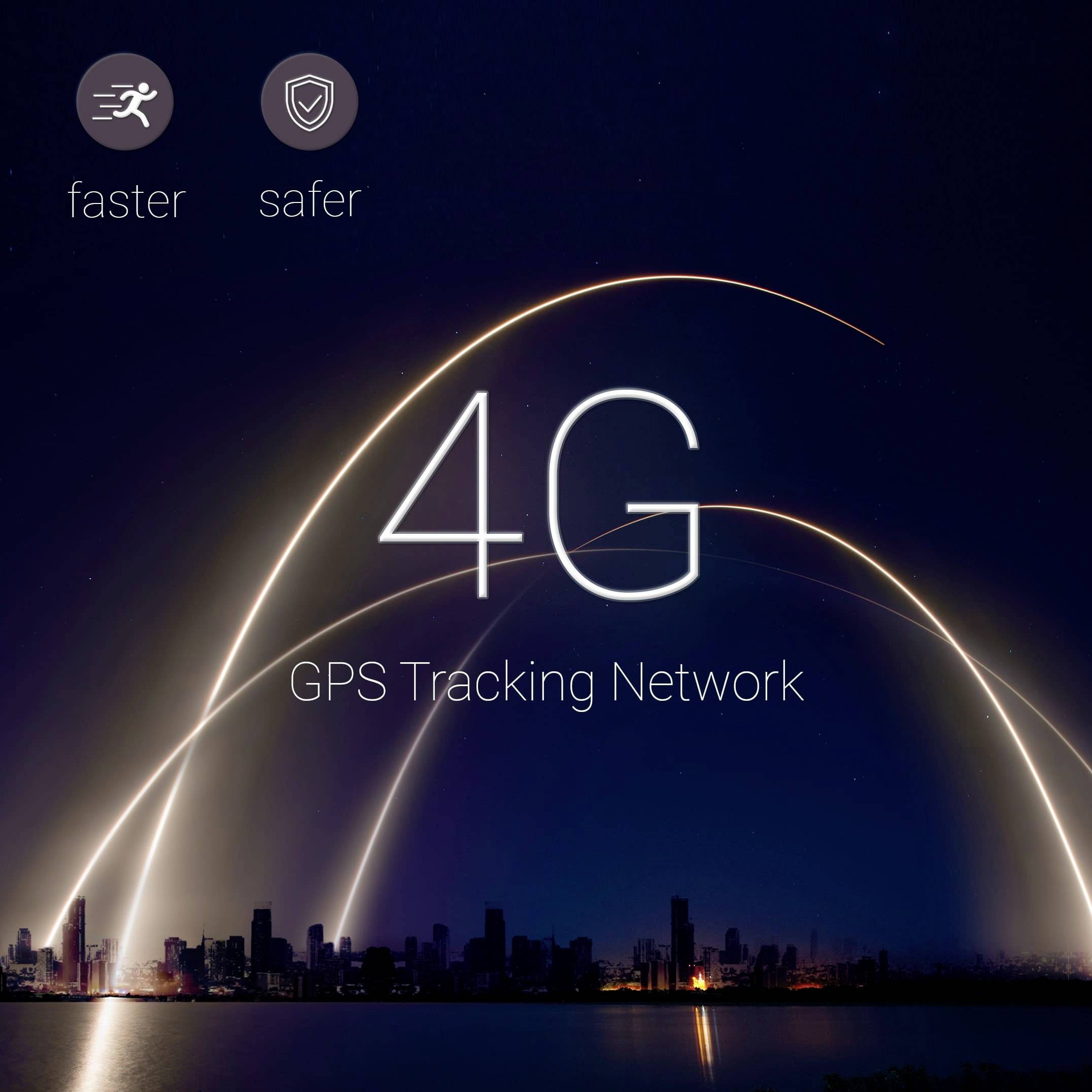 Urban landscape at night with light trails in the sky. Text: '4G GPS Tracking Network', 'faster', 'safer'.