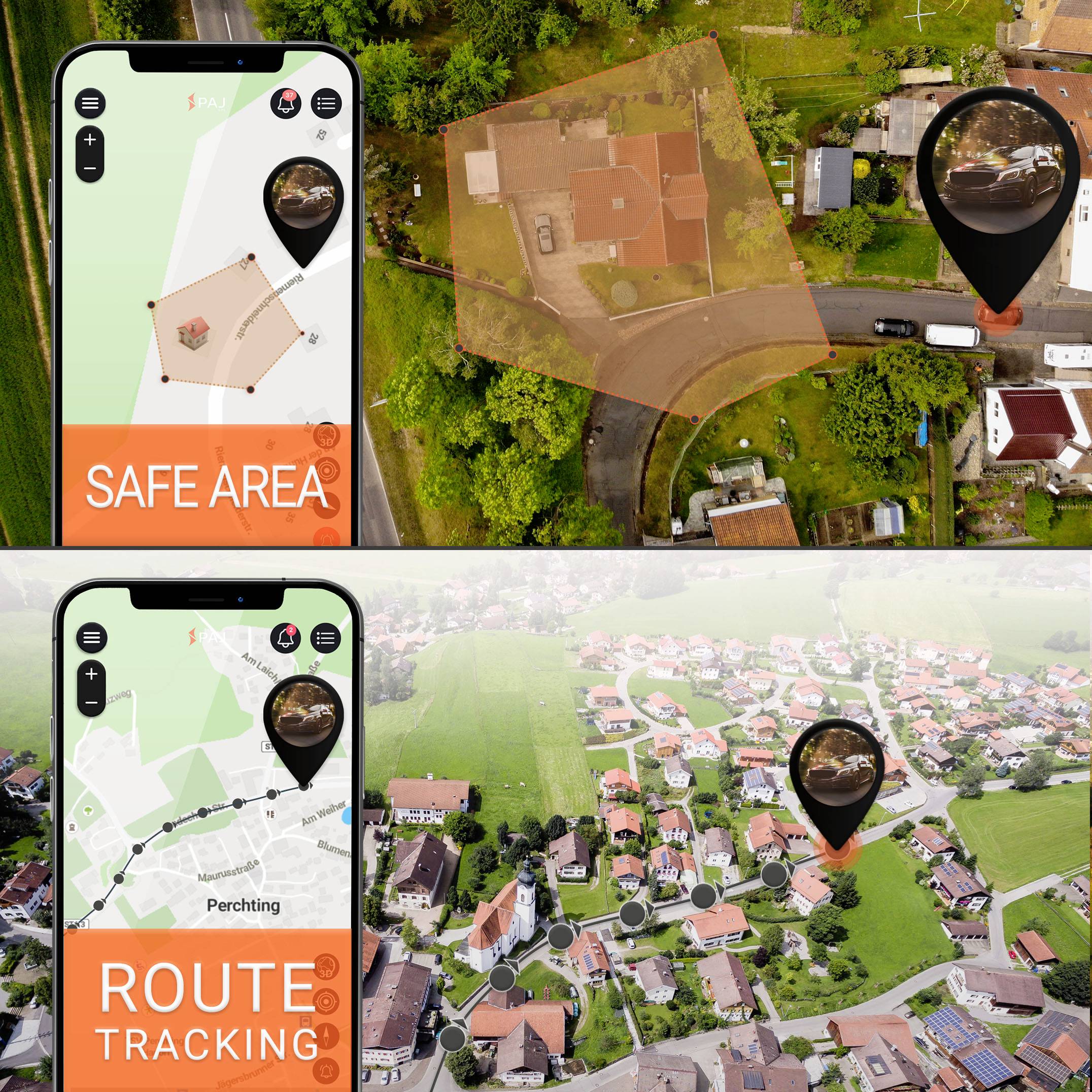 'Two map views, one showing a secure area, the other the route of an object, each with a marker on the map.'