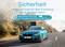 'Blue car driving on an empty country road. Text: Safety, long-term protection for your vehicle thanks to a powerful battery, battery life 90 days.'