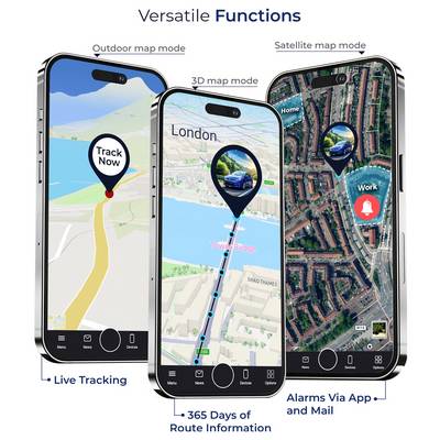 Infographic for GPS Tracker: long battery life, magnetic mounting, theft protection, splash-resistant, compact dimensions 10.9 × 7.6 × 2.6 cm; can be discreetly installed on the vehicle.