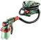 Green and red spray gun with hose and paint container. Suitable for evenly applying paint to large surfaces.