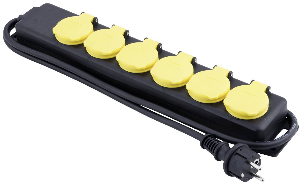 A black multi-socket extension lead with five yellow sockets and a black cable.