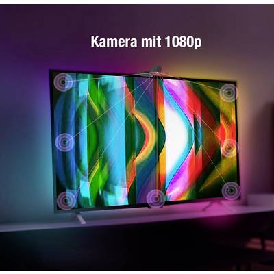 A flat-screen television displays an abstract, colourful pattern. At the top, the text '1080p Camera' indicates the high resolution.
