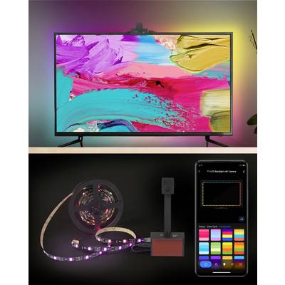 A television with a colourful light bar and camera. Below it, a remote control with colour selection for the lighting.