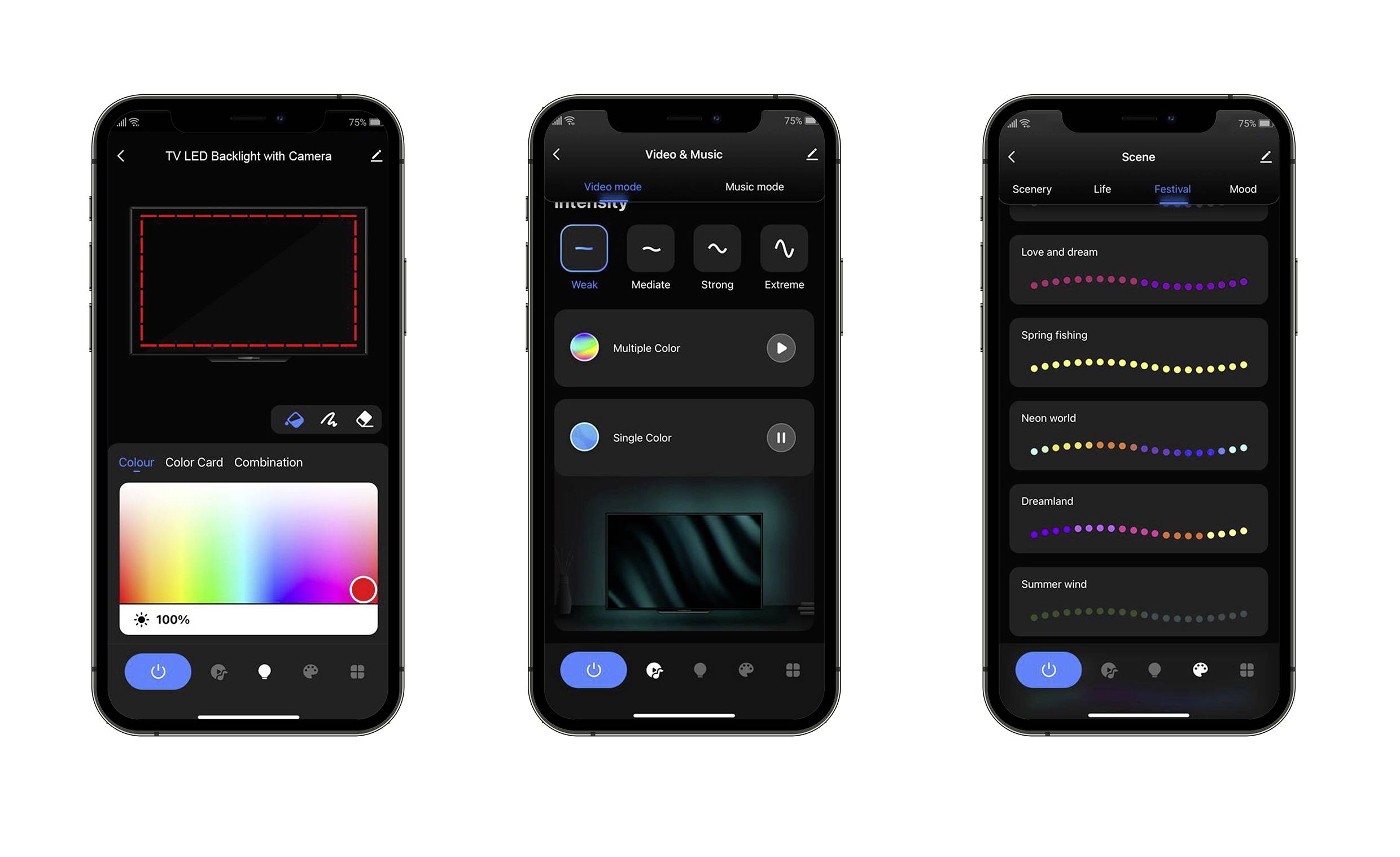 Three smartphone screens display an app for controlling LED lighting, with colour selection, mode settings, and scene modes.