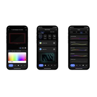 Three smartphone screens display an app for controlling LED lighting, with colour selection, mode settings, and scene modes.
