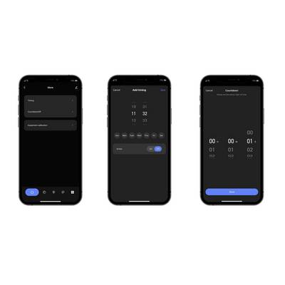 'Three smartphone screens display a timer app: time settings, timer options, and countdown display. Black and white design.'