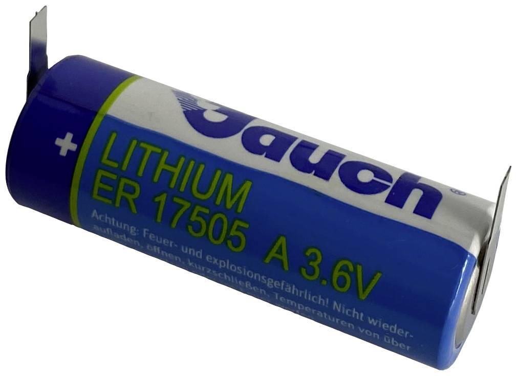 Lithium battery ER 17505, 3.6V, in blue casing with fire safety warnings and temperature limits.