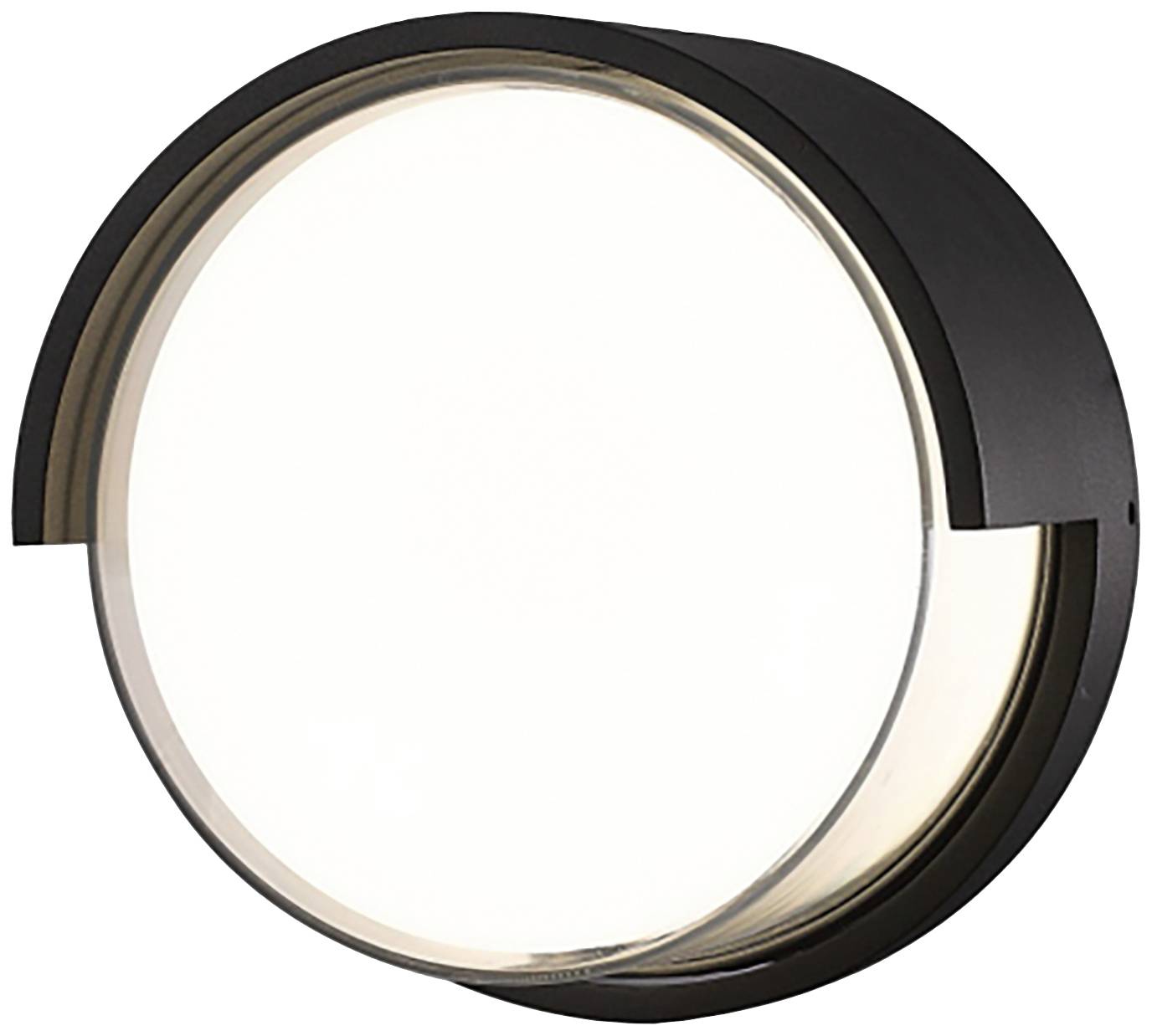 A round, black wall light with a protective frame, emitting uniform, warm white light, ideal for outdoor areas.