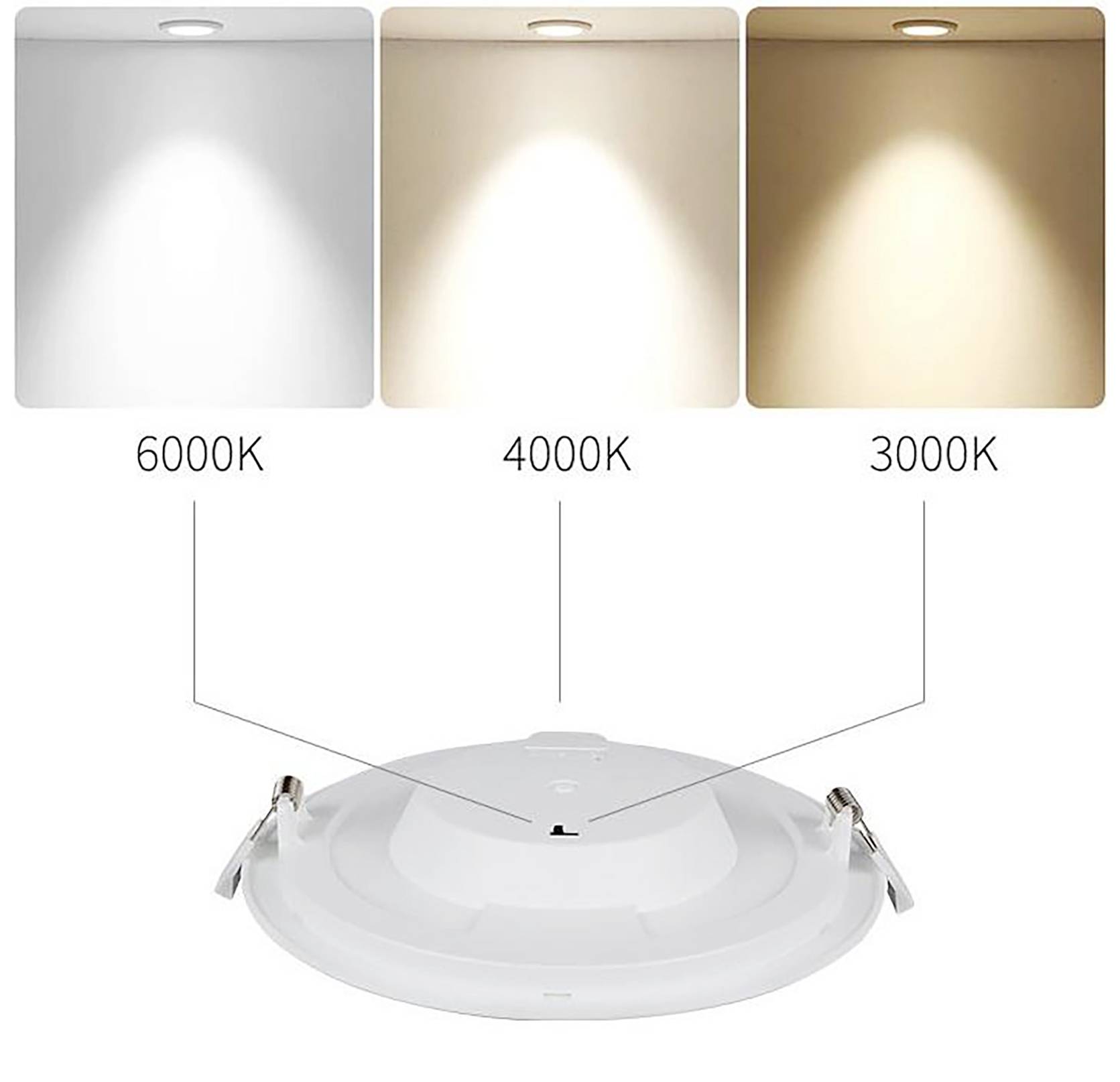 'Recessed ceiling light with three colour temperatures: 6000K (cool white), 4000K (neutral white), 3000K (warm white).'