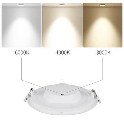 'Recessed ceiling light with three colour temperatures: 6000K (cool white), 4000K (neutral white), 3000K (warm white).'