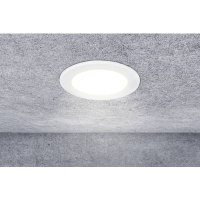 Round ceiling light mounted on a grey ceiling, which is brightly illuminated.
