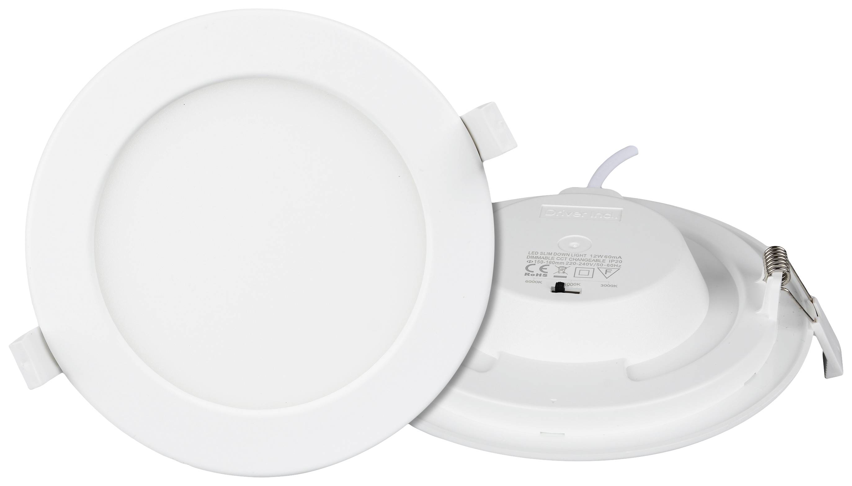 Two white LED recessed ceiling lights, one shown from the front and one from behind, with cable connection and mounting clips.