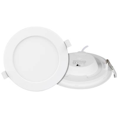 Two white LED recessed ceiling lights, one shown from the front and one from behind, with cable connection and mounting clips.