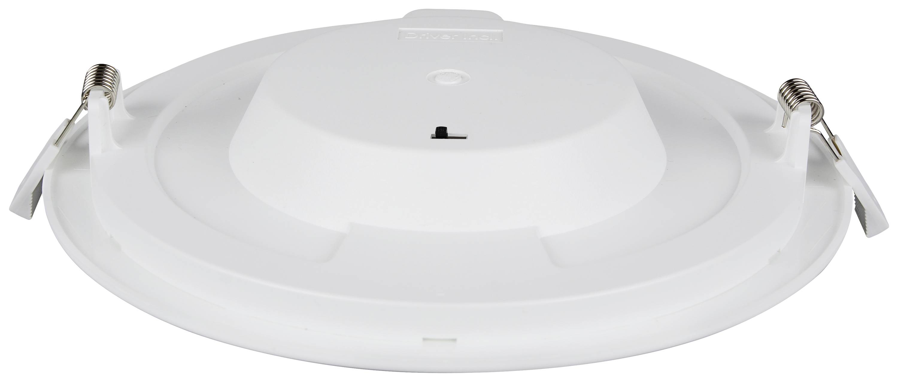 A round, white LED ceiling spotlight with mounting springs. The rear side of the spotlight with its mounting brackets is visible.