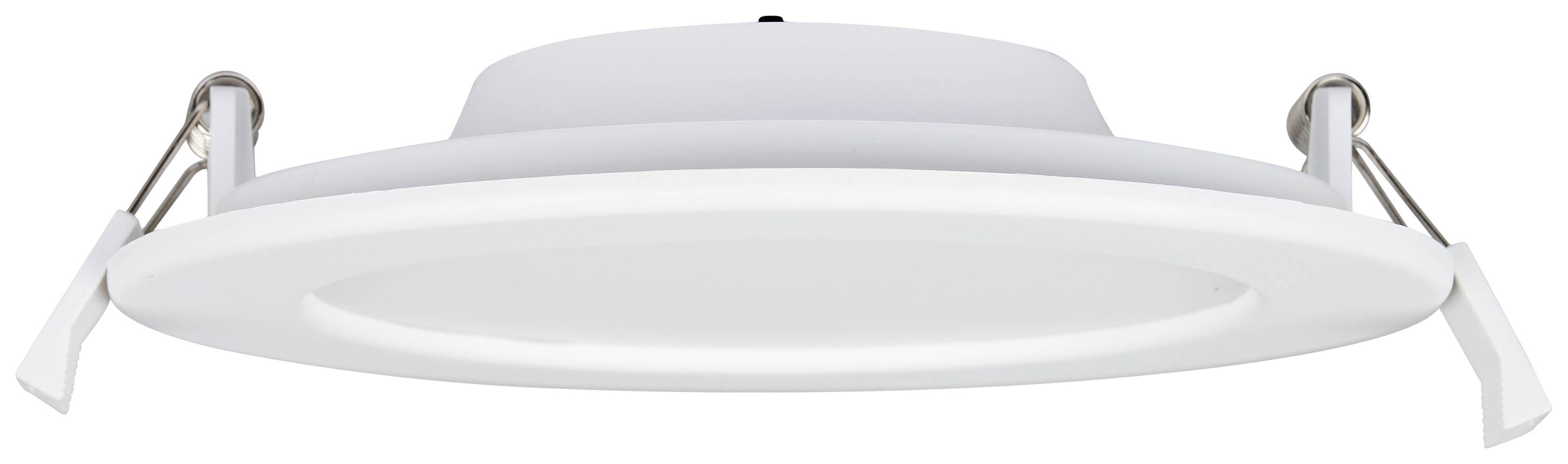 A round, white LED ceiling spotlight with mounting brackets on the sides, suitable for installation in suspended ceilings.