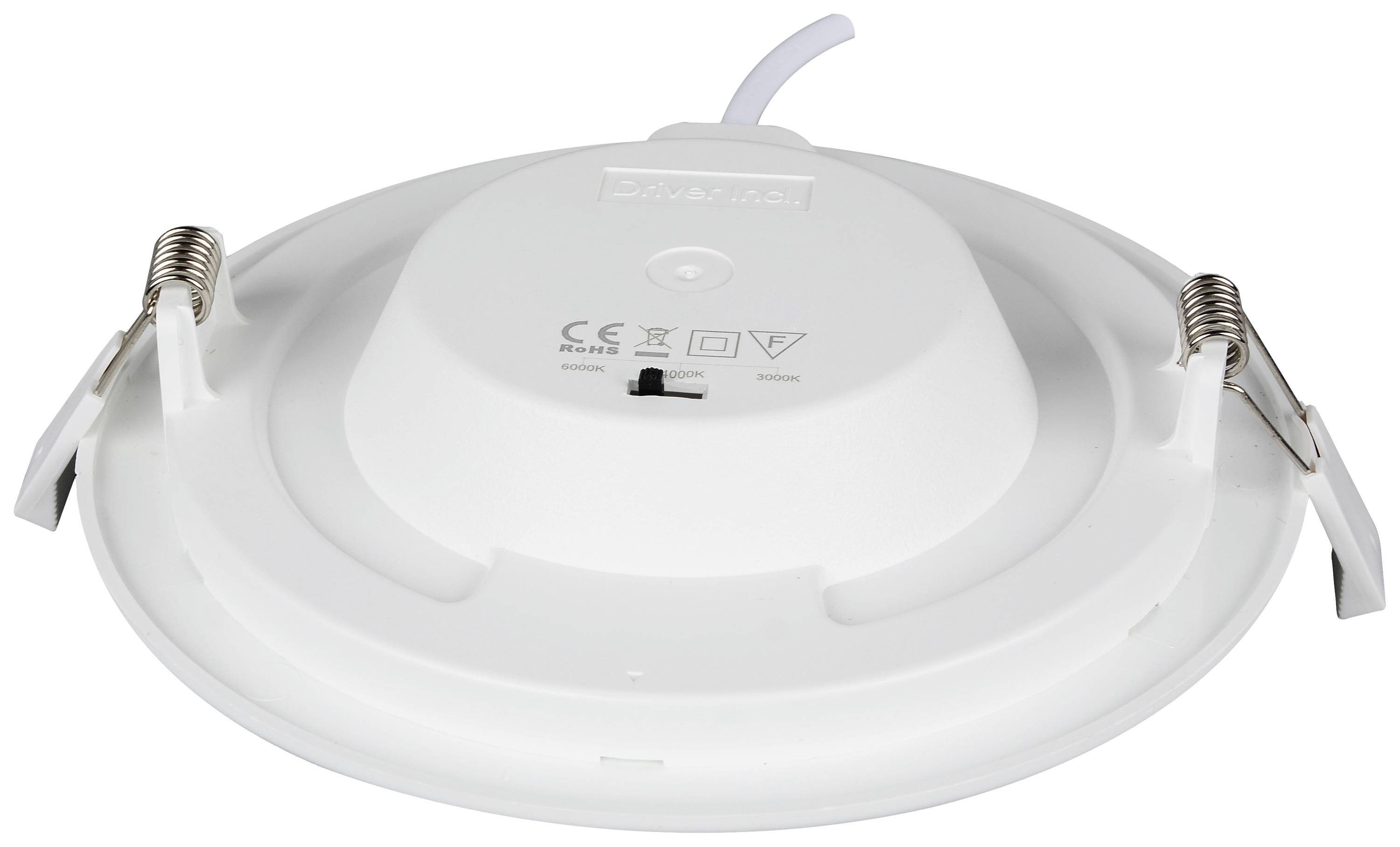 Round, white LED ceiling light viewed from above, with two metal clips on the sides and a small black switch in the centre.