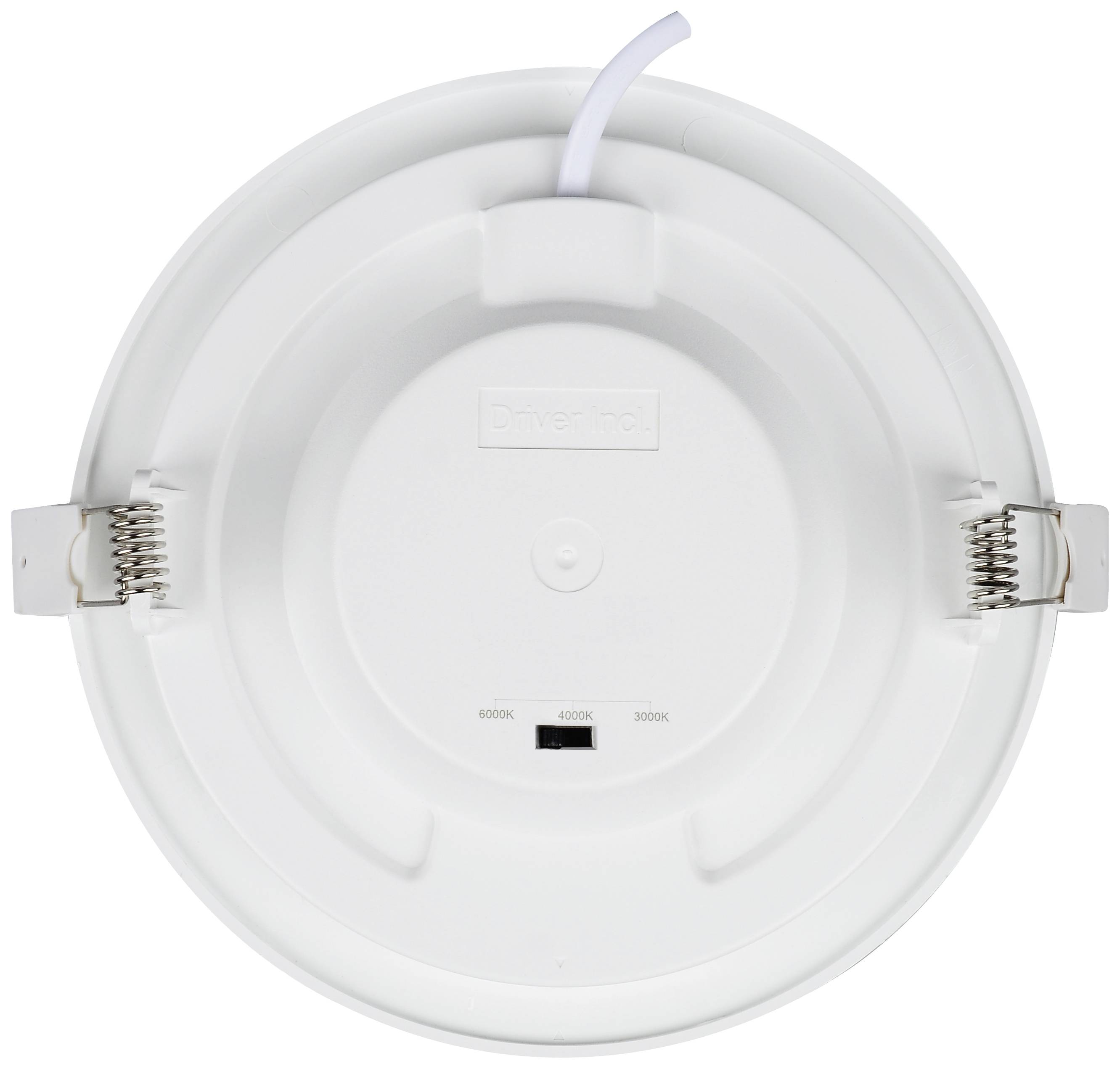Round white LED ceiling light with adjustable colour temperature. Switch for 3000K, 4000K and 6000K on the rear.