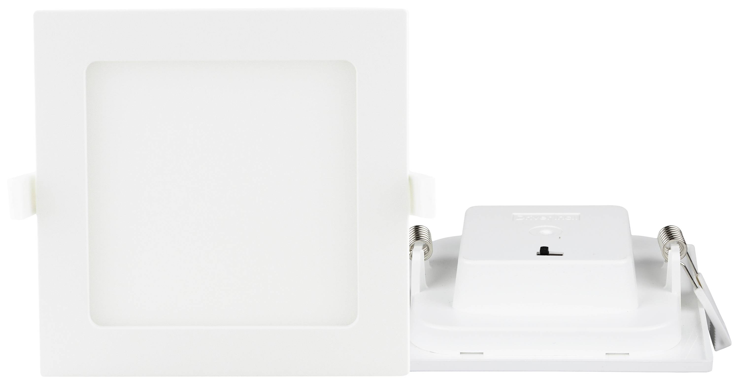 White square LED ceiling light, front view showing the illuminated area and rear view with mounting brackets and connection.