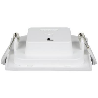 White, square LED recessed light with two metal springs, viewed from below. Suitable for ceiling installation.