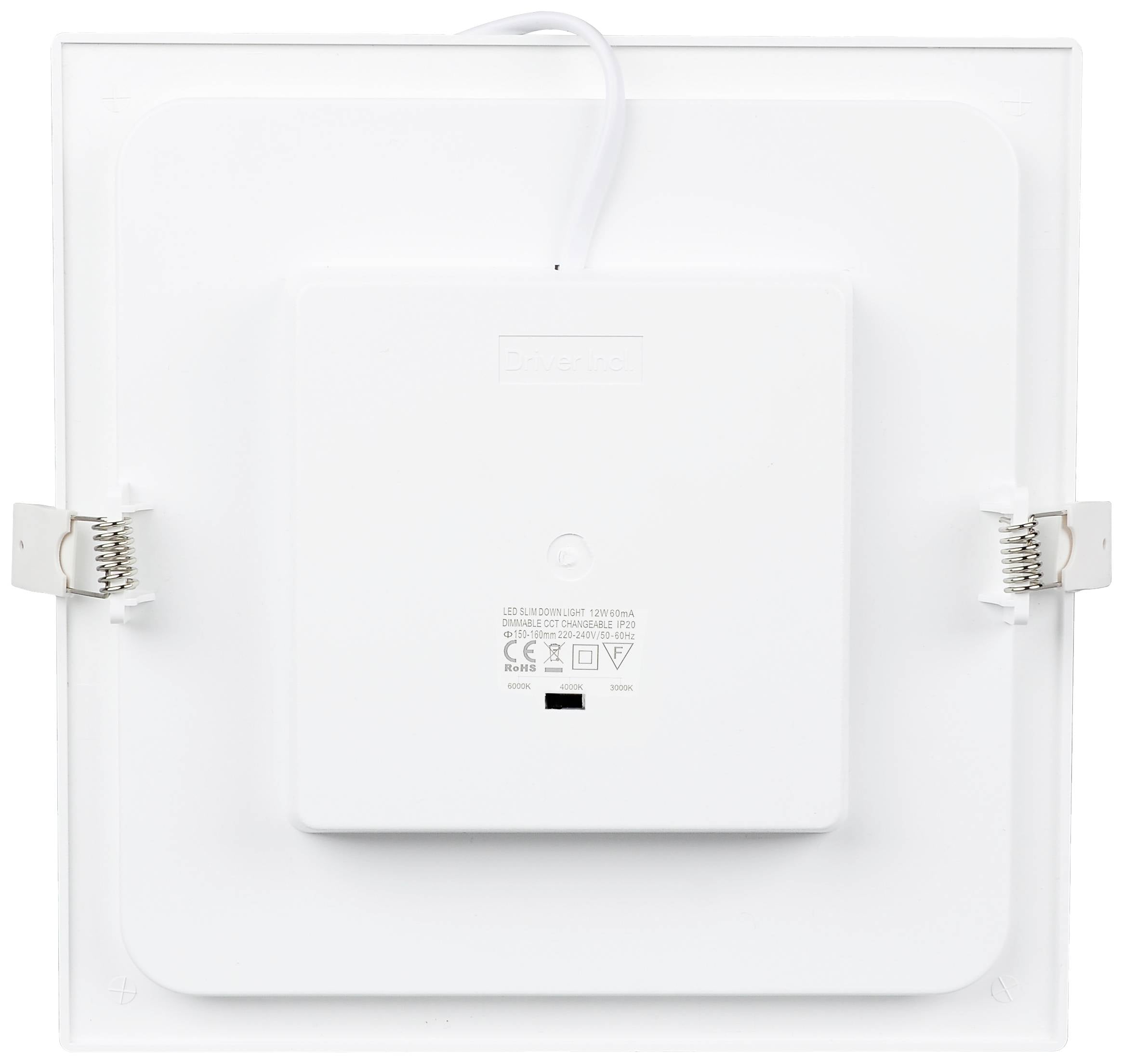 Rear view of a square, white LED ceiling light with power connection at the top and two mounting brackets on the sides.