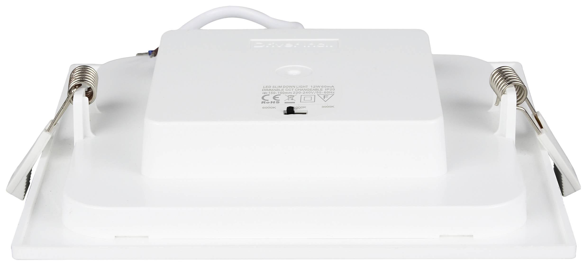 A white rectangular LED ceiling spotlight, shown from the rear. Two springs for mounting to the ceiling are visible.