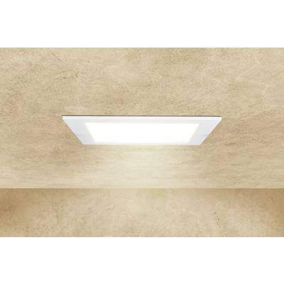 Rectangular ceiling light shines brightly on a beige ceiling.
