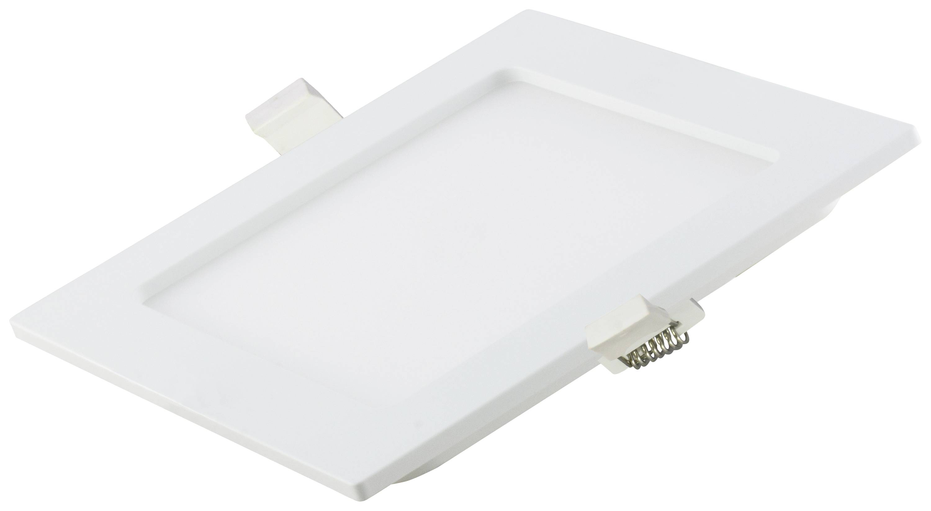 Square, white LED ceiling light with a flat design and visible mounting brackets.