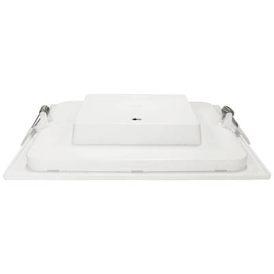A square, white LED panel with mounting clips on the sides, suitable for ceiling installation for lighting purposes.