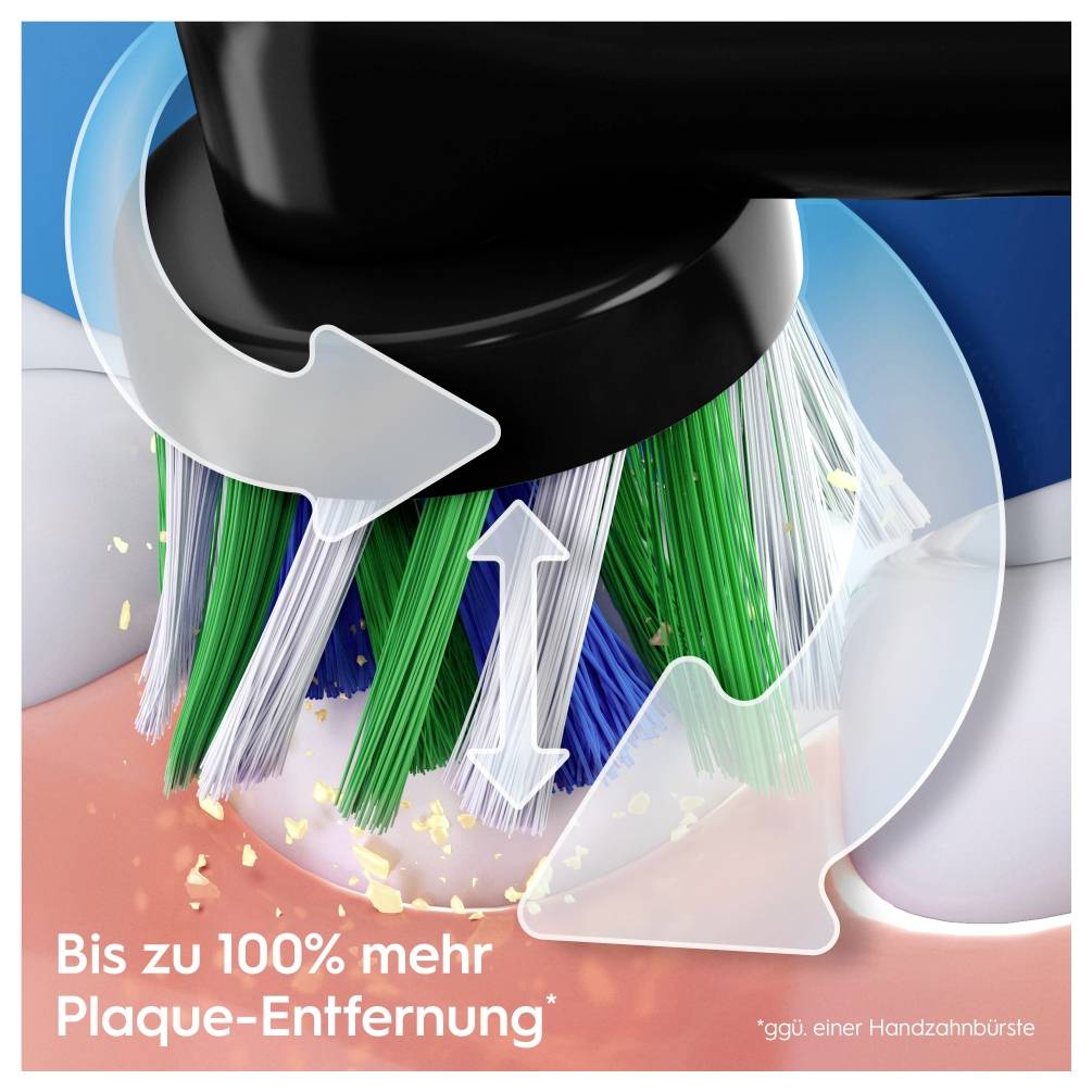Toothbrush head removes plaque from a tooth. Text below left: 'Up to 100% more plaque removal' compared to a manual toothbrush.